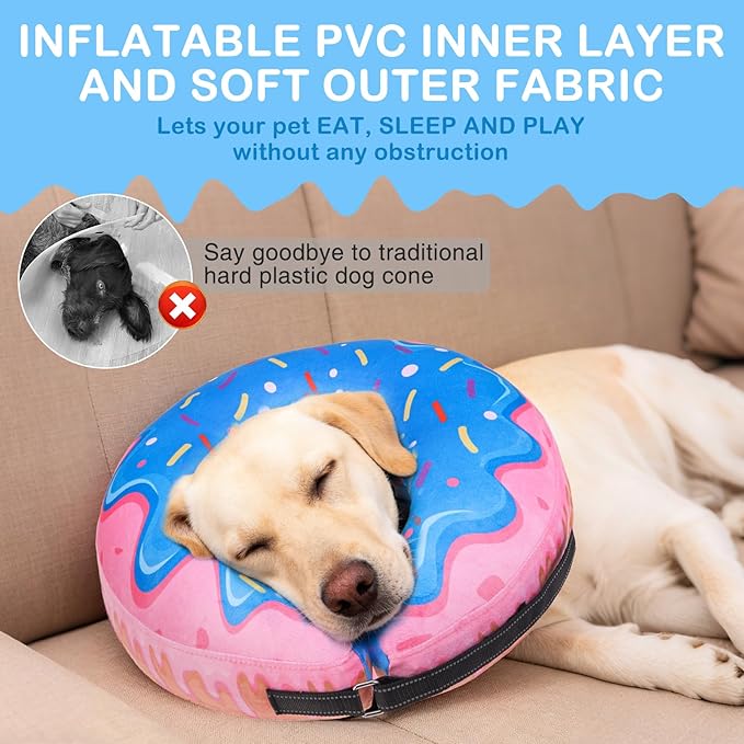 SCENEREAL Dog Cone Alternative After Surgery Donut Collar, Soft Pet Recovery Pillow Collar for Medium Large Dogs, Inflatable Adjustable Neck Collars to Prevent Licking, Donut M