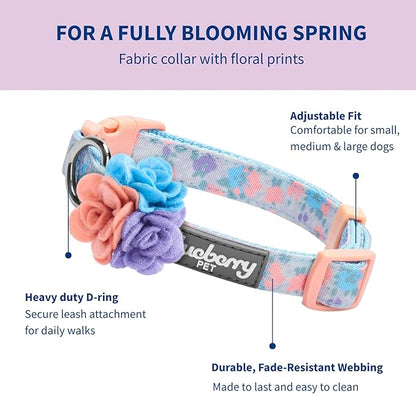 Blueberry Pet Dog Collar for Large Dogs, Lovely Floral Print in Lavender, Pink Girl Dog Collars, Adjustable Large Dog Collar with Detachable Flower, Stylish Dog Collars for Big Dogs