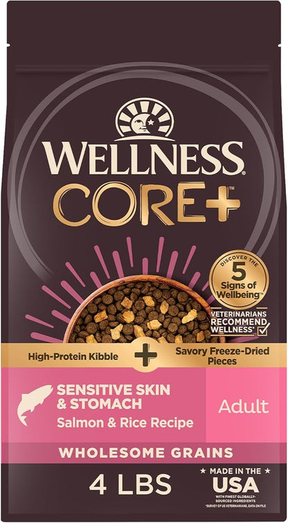 Wellness CORE+ Sensitive Skin and Stomach Adult Dry Dog Food with Freeze Dried Pieces, Wholesome Grain Kibble+, Natural, High Protein, Chicken Free, Salmon and Rice Recipe, 4 lb Bag