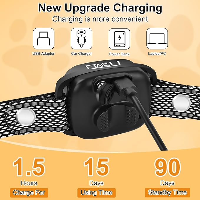 ETACCU Dog Bark Collar，Waterproof Rechargeable Digital Ultrasonic Bark Collars,Anti Barking Collar with 6 Adjustable Sensitivity Levels for Large Medium Small Dogs