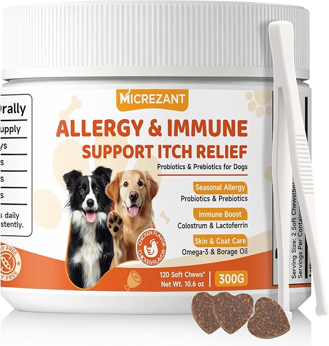 Dog Allergy Chews with Feeding Tweezers, Dog Probiotics for Itchy Skin and Ears, Bovine Colostrum, Lactoferrin and Multivitamins to Ssupport Immune Health for All Ages/Breeds, Chicken, 120 ct/300g