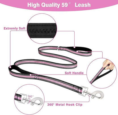 WINSEE Pet Harness Collar and Leash Set, All-in-one Reflective Dog Harness No Pull with Adjustable Buckles for Puppies, Small, Medium, Large, and Extra-Large Dogs (Small, Pink)