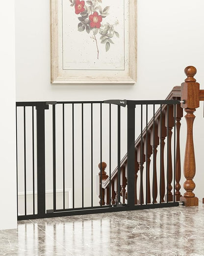 keny 29.7"-51.5" Extra Wide Baby Gate for Stairs, Easy Walk Thru Dog Gate with 21.1" Large Opening Door, Pressured Mounted No Drilling Pet Gate, 30" Tall, Black