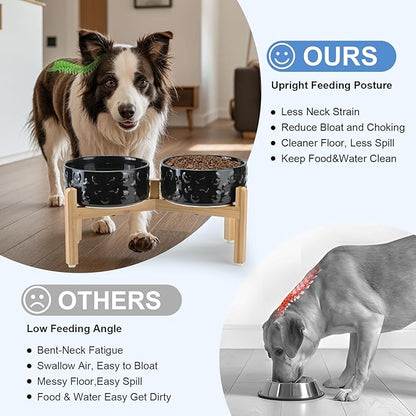 SPUNKYJUNKY Elevated Dog Bowls Ceramic, 7.3'' Dogs Food Water Bowls Raised with Non-Slip Bamboo Stand for Medium to Large Sized Breed Microwave Dishwasher Safe - 42 OZ,Skull Black