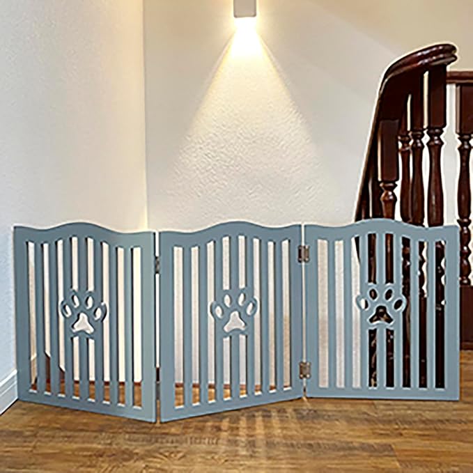 Pet Gate, Wooden Free Standing Dog Gate for Small Dogs and Cats. Great Folding Fence for Doorways, Halls, Stairs. Grey
