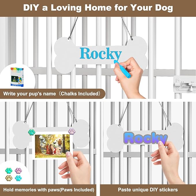 Easycom 43" Dog Crate Furniture Foldable, No Assembly Decorative Dog Kennel Indoor, XL Dog Crates for Large Dogs (60-80 lbs), Wooden Dog Cage with Adjustable Bowls and Name Tag, White & Beech
