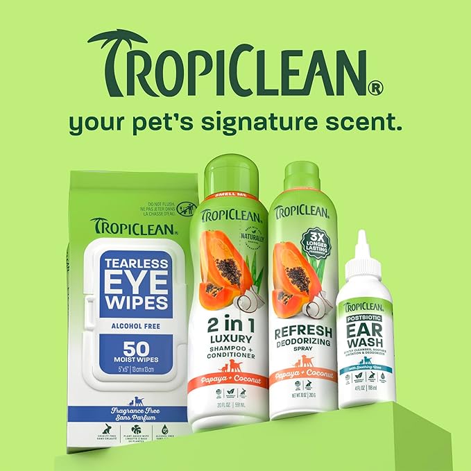 TropiClean Tearless Dog Eye Wipes, Dermatologist Approved Tear Stain Remover for Dogs & Cats, Gentle & Safe for Daily Use, Made in USA, 50ct.