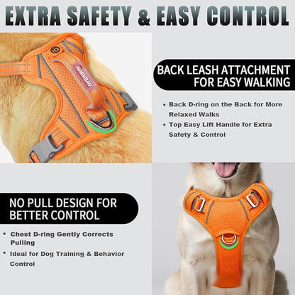 BARKBAY No Pull Dog Harness Large Reflective Dog Harness with Front Clip and Easy Control Handle for Walking Training Running with ID tag Pocket(Orange,M)