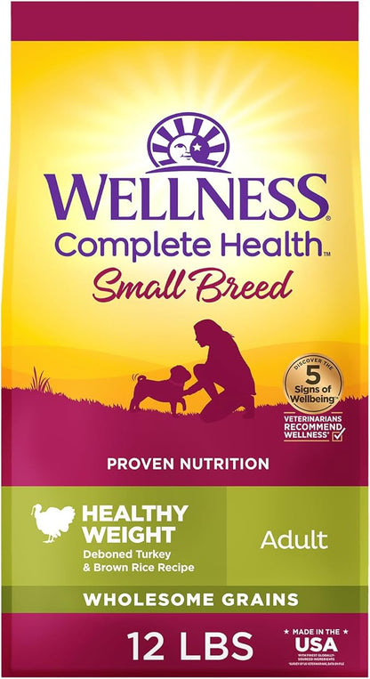Wellness Complete Health Healthy Weight Small Breed Adult Dry Dog Food, Wholesome Grain Kibble, Natural, Turkey and Brown Rice Recipe, 12 lb Bag