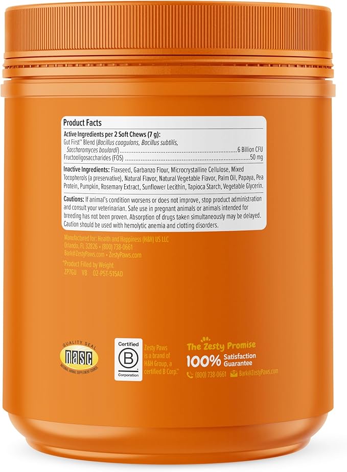 Zesty Paws Probiotics for Dogs, Digestive Enzymes Gut Flora, Digestive Health, Diarrhea & Bowel Support, DE111, Dog Probiotic Soft Chew for Pet Immune System, Pumpkin, 250 Ct (Pack of 2)