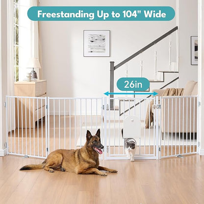 No Pawblems Free Standing Dog Gate with Cat Door, 30'' Tall Foldable Dog Fence for Indoor & Outdoor, Up to 104 Inch Extra Wide Puppy Gate for Stairs, Hallways, Doorways, Deck, Yard (White, 4 Panels)