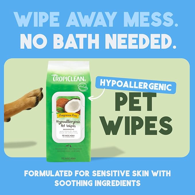 TropiClean Hypoallergenic Cleaning Pet Wipes, 100ct - Wipes for Dogs, Cats, Puppies & Kittens with Sensitive Skin - Gently Removes Dirt & Dander - Fragrance Free