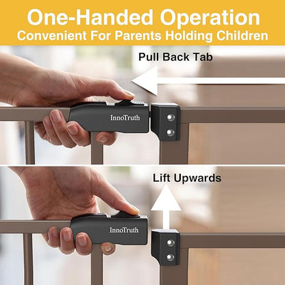 InnoTruth 28.9-49" Baby Gate for Doorways, 28" Tall Extra Wide Doggy Gates for Stairs One-Hand Opening, Easy Walk Thru Dual Lock Dog Gates for The House, Kitchen, Balcony, Easy Install Kid Gate,Brown