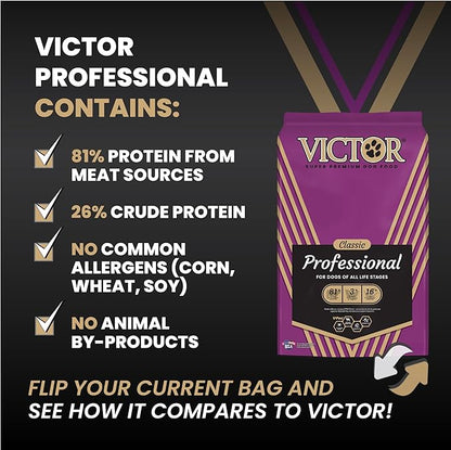 VICTOR Super Premium Dog Food – Professional Kibble Food – Super Premium Kibble with 26% Protein – Gluten-Free with Beef, Chicken & Pork Meals – for High Energy and Active Dogs & Puppies, 5lbs