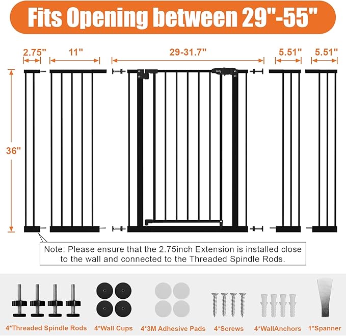 keny 36" Extra Tall Baby Gate for Stairs, 29"-55" Wide Auto Close Dog Gate for Doorways, Pressure Mounted Easy Walk Through Pet Gate with Door, Black
