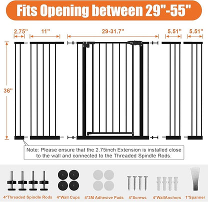keny 36" Extra Tall Baby Gate for Stairs, 29"-55" Wide Auto Close Dog Gate for Doorways, Pressure Mounted Easy Walk Through Pet Gate with Door, Black
