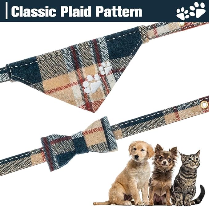 EXPAWLORER Dog Collar and Leash Set - Embroidery Pawprints Plaid With Bow Tie and Bandana, Adorable for Dogs Cats Outdoor Walking, Khaki M