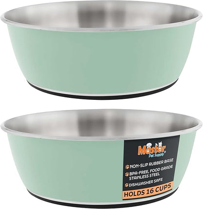 Master Pet Supply Stainless Steel Dog Bowls Set of 2 (128 Oz Each) with Non-Slip Rubber Base - Pistachio - Basic Dog Food Bowl Water & Food Bowls for Small Medium Large Dogs & Cats, Metal Dish