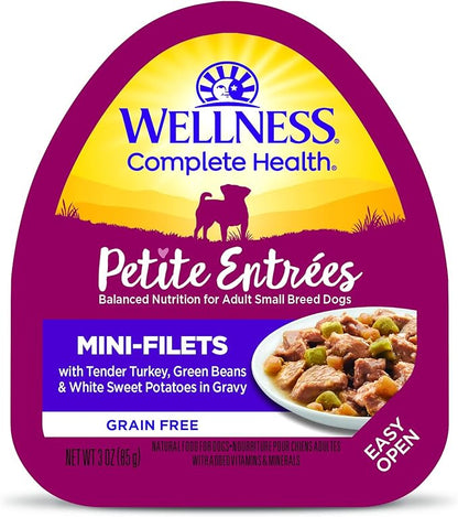 Wellness Petite Entrees Mini Filets Small Breed Adult Wet Dog Food, Grain Free, Natural, Tender Turkey, Green Beans, and White Sweet Potato, 3 oz, Pack of 12 Cups