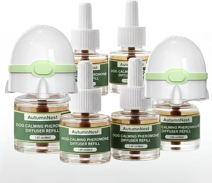 Dog Calming Pheromone Diffuser Kit, Pet Diffuser for Stress Support, Reduces Stress and Promotes Relaxed Behavior, 2 Plug-in & 4 Packs Refill, 120 Day Supply (Non-Toxic, Safe & Inedible), with Light