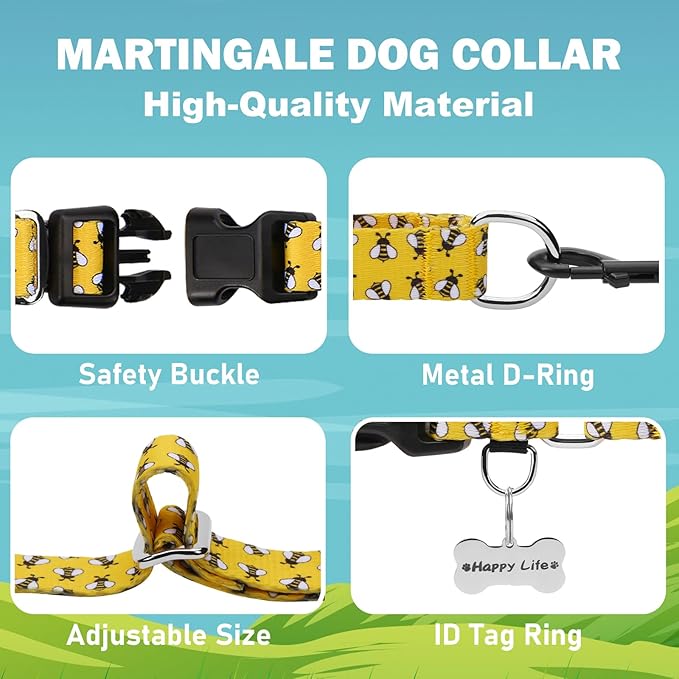 Martingale Dog Collar with Buckle Yellow Bee Dog Collar Adjustable Cute Design Patterns (Bee, Large)