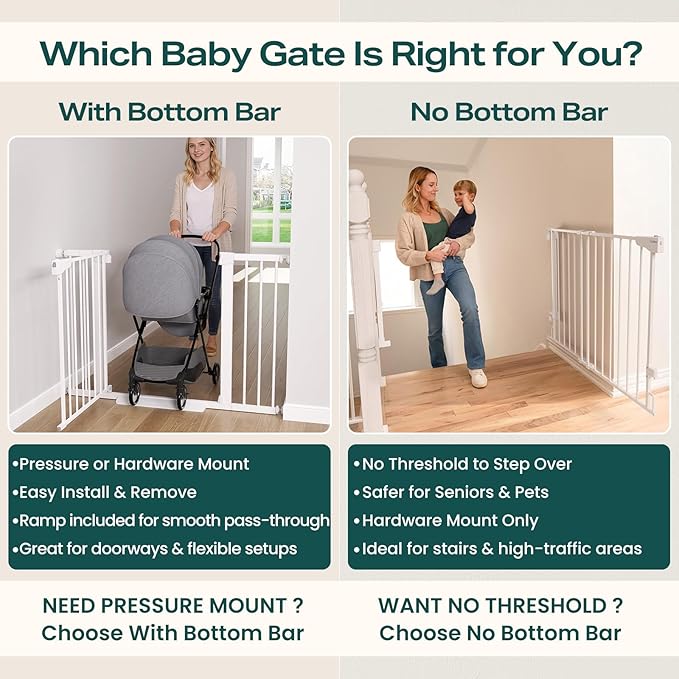 Cumbor 29.2–43" Baby Gate for Stairs, Wall-Mounted (Drill Required), Expandable No Bottom Bar Dog Gate, Auto Close Extra Wide Walk Thru, Pet & Toddler Proof Gate, Top & Bottom of Stairways (White)