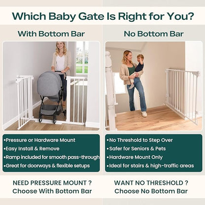 Cumbor 29.2–43" Baby Gate for Stairs, Wall-Mounted (Drill Required), Expandable No Bottom Bar Dog Gate, Auto Close Extra Wide Walk Thru, Pet & Toddler Proof Gate, Top & Bottom of Stairways (White)