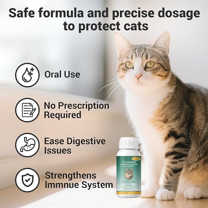 Broad Spectrum for Dewormer Cats – Pyrantel Pamoate Cat Dewormer Liquid for All Wormers for Tapeworms, Roundworms & Hookworms, 120 mL (4.2 fl oz)