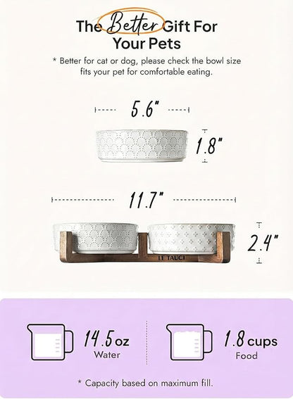 LE TAUCI Dog Bowl Set with Acacia Wood Stand - 1.5-Cup Ceramic Puppy Bowls for Small Dogs, Dual Food and Water Bowls with Weighted Non-Slip Base