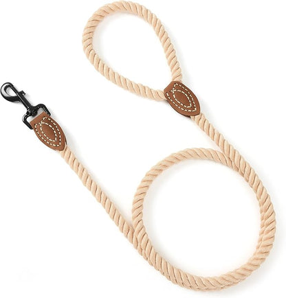 Mile High Life Dog Leash, Braided Cotton Rope Leashes with Leather Tip - Heavy Duty Metal Clasp, 4FT, 1/2" Thick - Wedding, Walking & Training Leash for Small Medium Large Dogs (Light Brown)