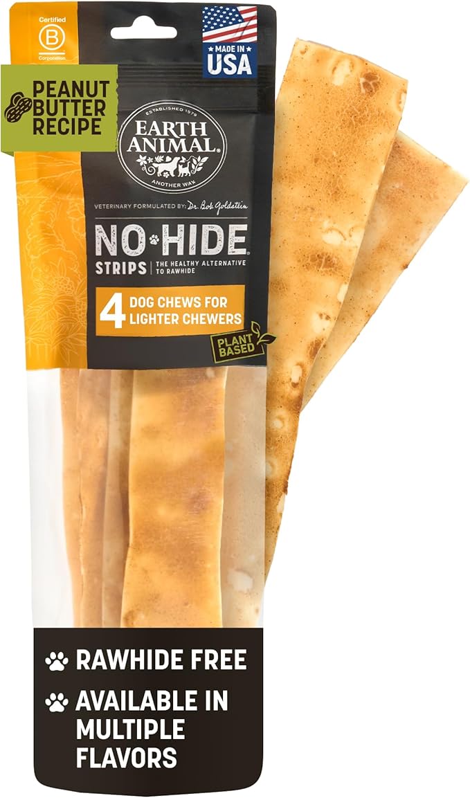 Earth Animal No Hide Strips - Natural Rawhide Free Dog Chew Strips, Peanut Butter - 4 Count