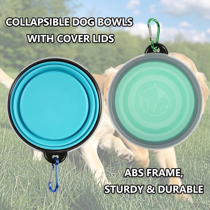 SLSON Collapsible Bowl with Cover Lids,2 Pack Dog Travel Bowls Portable Foldable Cat Water Dish Bowl for Pets Walking Parking Camping (Light Blue and Green, Small)