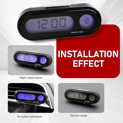 Eratus 1 PC Car 2.95" x 1.1" x 0.7" Digital Clock with Thermometer, Angle Adjustable Dashboard Vent Mini LCD Luminous Large Screen Clock, Black