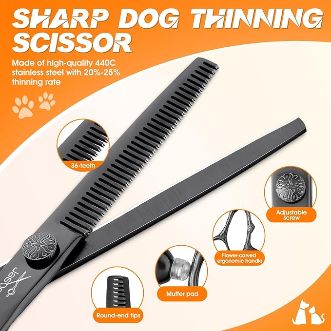 JASON Dog Grooming Scissors Set Professional 6 in 1 Dog Shears Kit - 6.5" Thinning, 7" Straight, 7" Up-Curved, 7" Down-curved Shears and Comb for Cat Pet with Adjustable Screw (Black) Christmas
