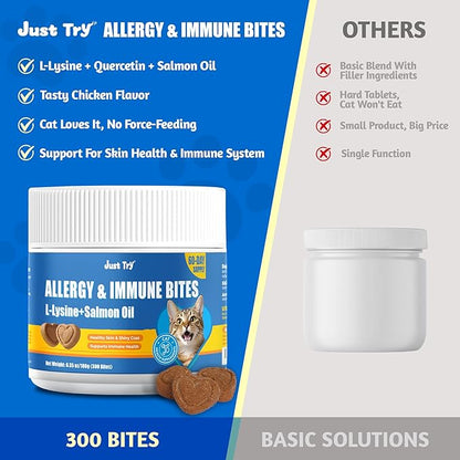 Just Try 300 Bites Allergy & Immune Bites for Cats - with L-Lysine & Quercetin for Itchy Skin Relief & Cat Allergy- Skin & Coat Health Eye Health- Grain Free Dietary Supplements for Pets