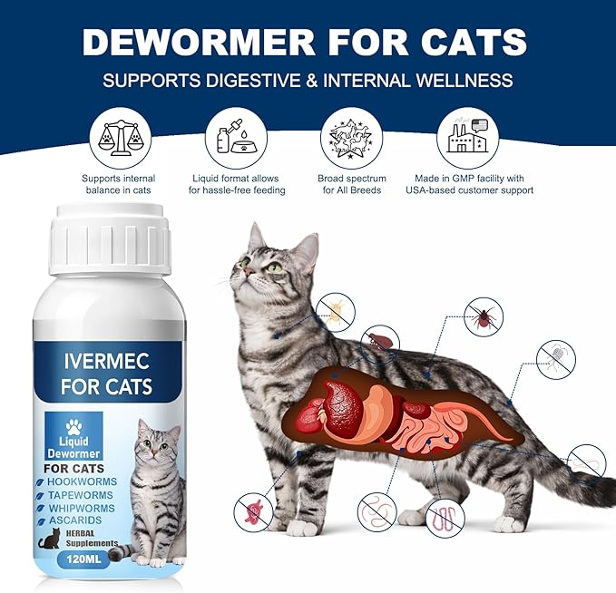 lvermect Dewormer Liquid for Cats, Cat Dewormer, Digestive Cleanser Treatment, Broad Spectrum for All Wormer, Round Worms, Pin Worms, Hookworms, Lung Worms, Cats Internal Balance Support
