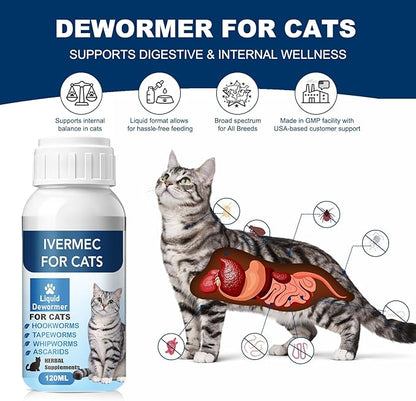 lvermect Dewormer Liquid for Cats, Cat Dewormer, Digestive Cleanser Treatment, Broad Spectrum for All Wormer, Round Worms, Pin Worms, Hookworms, Lung Worms, Cats Internal Balance Support