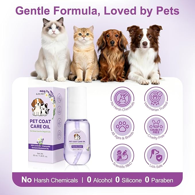 Pet Coat Care Oil, Lavender & Chamomile Extract | Smoothing Detangler with Easy Glide Grooming; Stress-Free Elixir for Sensitive Pets, Anti-Frizz Botanicals, Lick-Safe, Dogs Cats, 1.69 fl. oz