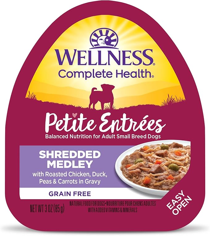 Wellness Petite Entrees Shredded Medley Small Breed Adult Wet Dog Food, Grain Free, Natural, Roasted Chicken, Duck, Peas, and Carrots, 3 oz, Pack of 12 Cups