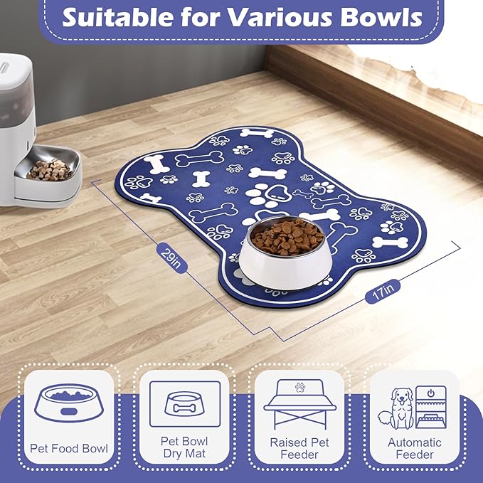 Dog Cat Mat for Food and Water,Rapid Absorbent Pet Feeding Mat, Bone Shaped Dog Placemat Bowl Mat with Rubber Backing,No Stains Pet Food Mats Indoor, Pet Accessories Supplies,Blue 17"×29"