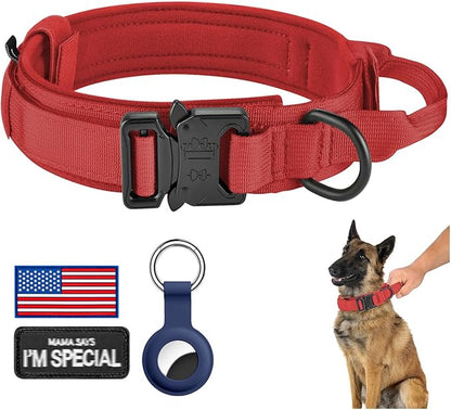 DAGANXI Tactical Dog Collar, Adjustable Military Training Nylon Dog Collar with Control Handle and Heavy Metal Buckle for Medium and Large Dogs, with Patches and Airtags Case (Red, XL)