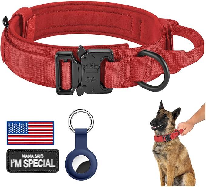 DAGANXI Tactical Dog Collar, Adjustable Military Training Nylon Dog Collar with Control Handle and Heavy Metal Buckle for Medium and Large Dogs, with Patches and Airtags Case (Red, L)