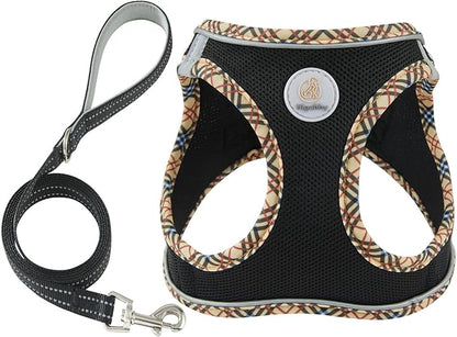 Hipubby Dog Harness Small Sized and Leash Set, No Pull Soft Mesh Puppy Vest, Reflective Breathable Lightweight Pet Harness, Harness for Small Medium Dogs and Cats - Black/Khaki Trim, L