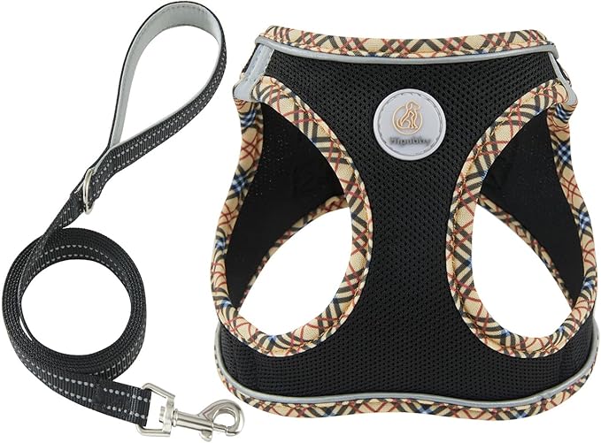 Hipubby Dog Harness Small Sized and Leash Set, No Pull Soft Mesh Puppy Vest, Reflective Breathable Lightweight Pet Harness, Harness for Small Medium Dogs and Cats - Black/Khaki Trim, XXS