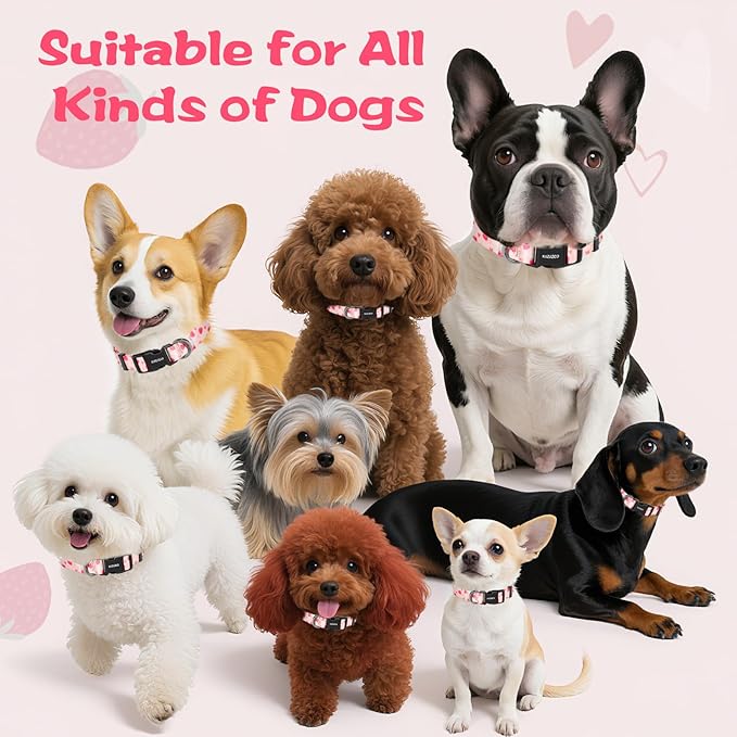 Kazazoo Dog Collar Cute and Soft Nylon Puppy Collar Girl, Adjustable Dog Collars for Medium Large Dogs, Strawberry-L