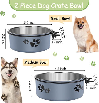 Kathson 2 Pcs Dog Kennel Crate Feeder, Stainless Steel No Spill, Hanging Metal Pet Food Bowl for Cats Small Medium Dogs (Gray)
