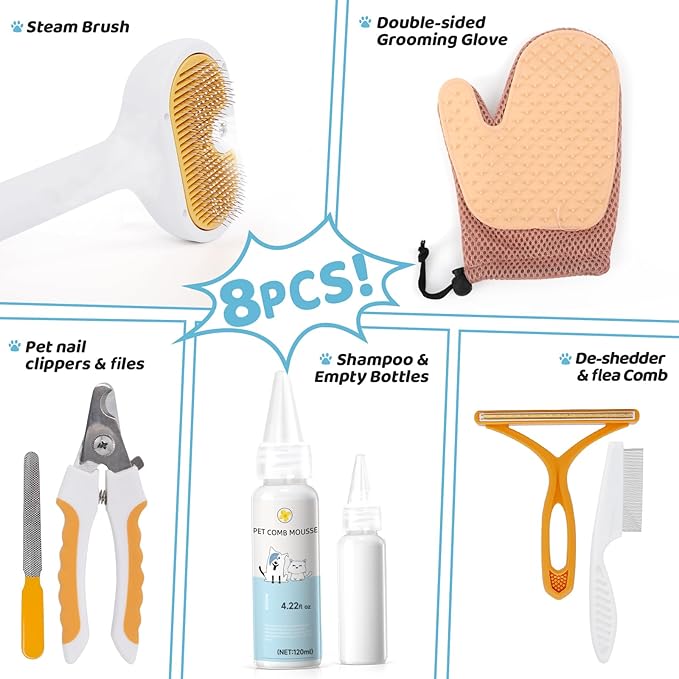 Pet Steam Brush for Dog & Cat – 3-in-1 Spray Hair Removal Comb for Shedding & Grooming, Softens Fur & Reduces Static – Water Brush for Long & Short Coats, Bath-Hating Pets, Includes Waterless Shampoo