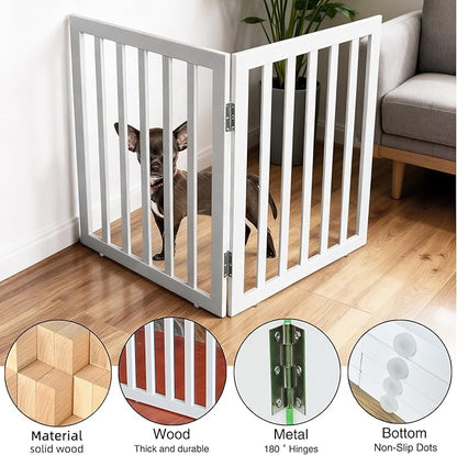 ZJSF Freestanding Indoor Dog Gate for House Foldable Wood White Puppy Gate for Doorways Pet Gate for Stairs Extra Wide Pet Fence 24" Height 2 Panels