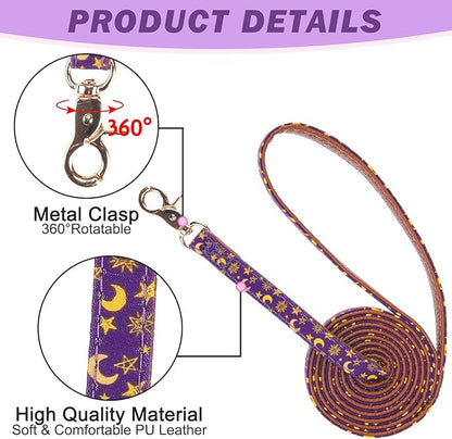 EXPAWLORER Dog Collar and Leash Set - Purple Star-Moon Dog Bow Tie and Dog Bandana Collar with Bell, Dog Leash Tangle Free, Adjustable Collars for Small Medium Large Dogs Cats, Holiday Ideal Gift, S
