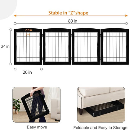 LZRS 4-Panel Extra-Wide Wooden Freestanding Dog Gate: Foldable Solid Wood and Steel Wire Chew Resistant Safety Barrier for Doorways, Stairs, and Large Open Spaces Indoor Use, Black
